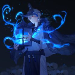  1boy absurdres blue_fire blue_theme commentary fire fox_mask glowing glowing_eyes grey_hair hair_between_eyes highres holding holding_lantern jacket jacket_on_shoulders japanese_clothes lantern long_sleeves male_focus mask night original paper_lantern parted_lips pile_of_skulls pointy_ears red_eyes short_hair skeleton solo sparks standing tassel tsuki_mitsu 