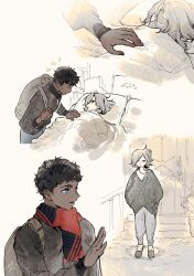  2boys absurdres backpack bag bags_under_eyes black_eyes black_hair blue_eyes cardigan curly_hair dark-skinned_male dark_skin dungeon_meshi elf gapamopa goodbye grey_hair highres jacket kabru male_focus mithrun multiple_boys pants pointy_ears scarf short_hair sleepy under_covers waking_another winter_clothes 