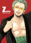  1boy 2012 artist_request character_name earrings glasses green_hair haramaki male_focus one-eyed one_piece open_clothes open_mouth open_shirt roronoa_zoro scar solo sunglasses tongue tongue_out 