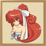  1girl animated animated_gif bare_shoulders blue_eyes border cherokee_(miharu0310) cleavage female from_side genderswap long_hair long_ponytail looking_at_viewer ponytail ranma-chan ranma_1/2 redhead saotome_ranma simple_background solo upper_body 