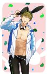  1boy brown_hair detached_collar detached_sleeves free! green_eyes male_focus muscle open_jacket open_mouth rabbit_ears short_hair smile standing swim_trunks tachibana_makoto topless 