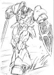  80s full_body kikou-kai_galient mecha monochrome no_humans s.shimizu shield solo sword weapon white_background zuwel 