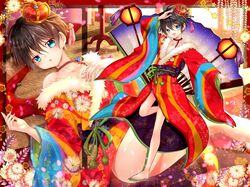  1boy bare_legs barefoot black_hair blue_eyes blush collarbone crown fan floral_print flower full_body fur gigantic_o.t.n_(vocaloid) hand_on_own_chest japanese_clothes lantern male_focus obi open_mouth sinwa_(tamaki) smile solo traditional_clothes vocaloid vocanese zhiyu_moke 