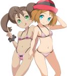  10s 2girls bikini blue_eyes breasts brown_hair dark_skin double_bun green_eyes hair_bun hat long_hair multiple_girls pokemon pokemon_(anime) pokemon_(game) pokemon_xy sana_(pokemon) serena_(pokemon) short_hair small_breasts swimsuit tamakorogashi tongue tongue_out twintails 