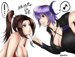  2girls ayane ayane_(doa) breasts brown_hair cleavage crossover dead_or_alive dead_or_alive_5 fatal_fury king_of_fighters large_breasts multiple_girls ninja ponytail purple_hair shiranui_mai smile 