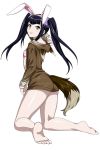  00s 1girl animal_ears ass barefoot black_hair fake_tail feet female hair_ornament ikkitousen long_hair looking_at_viewer official_art saji_genpou_(true) smile soles toes twintails yellow_eyes 