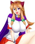  1girl animal_ears aq_interactive arcana_heart arcana_heart_2 artist_request bracelet breasts brown_hair cape dog_ears examu fang hair_ornament inuwaka_akane jewelry large_breasts long_hair looking_at_viewer open_mouth scarf school_uniform skirt smile violet_eyes 