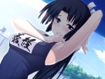  1girl arm_up armpits artist_request black_hair blue_eyes blush breasts character_request game_cg long_hair looking_at_viewer open_mouth solo source_request swimsuit tagme upper_body 