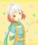  1girl :d antenna_hair artist_request blue_shirt bobcut brown_eyes gloves happy highlights looking_at_viewer multicolored_hair open_mouth pascal_(tales) puffy_sleeves redhead scarf short_hair smile star suspenders tales_of_(series) tales_of_graces tales_of_graces_f two-tone_hair white_hair 