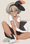  1girl black_hairband black_skirt chorefuji collared_shirt cookie dark_skin food grey_eyes grey_hair hairband panties pleated_skirt pokemon pokemon_(game) pokemon_swsh saitou_(pokemon) school_uniform shirt shoes short_hair short_sleeves skirt smile sneakers underwear white_panties 