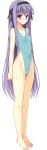  1girl artist_request barefoot black_ribbon blue_eyes blush cleavage feet full_body hair_ribbon hairband highleg_leotard leotard long_hair looking_at_viewer navel one-piece_swimsuit purple_hair ribbon simple_background smile solo standing swimsuit transparent_background very_long_hair 