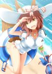  1girl adidas animal_ears bikini blush breasts brown_hair cleavage collarbone fate/extra fate/grand_order fate_(series) fox fox_ears fox_tail hat jewelry joko_jmc large_breasts long_hair looking_at_viewer necklace ocean open_mouth outdoors parasol pink_hair ribbon solo swimsuit tail tamamo_(fate)_(all) tamamo_no_mae_(fate) type-moon umbrella yellow_eyes 