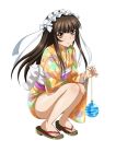  00s 1girl bare_legs brown_eyes brown_hair feet female ikkitousen kimono legs long_hair looking_at_viewer maid_headdress smile solo ten&#039;i_(ikkitousen) toes 