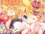  1boy blonde_hair blue_eyes blush child crown fan floral_print fur gigantic_o.t.n_(vocaloid) heart heart-shaped_pupils japanese_clothes kagamine_len lantern male_focus mars_symbol mizuno_eru off_shoulder one_eye_closed open_clothes open_mouth solo symbol-shaped_pupils traditional_clothes vocaloid 