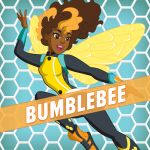  1girl artist_request brown_eyes brown_hair bumble_bee character_name dark_skin dc_comics flying honeycomb_pattern insect_wings karen_beecher long_sleeves open_mouth smile solo source_request two-tone_hair wings 