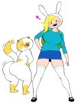  2girls adventure_time animal_hood ass ass_shake asymmetrical_hair backpack black_eyes blonde_hair blush breasts bunny_hood cake_(adventure_time) cat closed_eyes female fionna flat_color furry hand_on_hip heart hood large_breasts long_hair mary_janes multiple_girls open_mouth simple_background skirt synecdoche thigh-highs white_background white_legwear zettai_ryouiki 