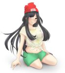  10s 1girl alternate_hairstyle artist_request beanie black_hair blush breasts female_protagonist_(pokemon_sm) hat long_hair looking_at_viewer midriff navel pokemon pokemon_(game) pokemon_sm redhead shirt sitting smile solo t-shirt 