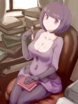  10s 1girl bangs blunt_bangs bob_cut book book_stack breasts chair cleavage elbow_gloves elite_four gloves kous_(onetwojustice) pantyhose pen pokemon pokemon_(game) pokemon_bw purple_hair shikimi_(pokemon) short_hair sitting skirt solo violet_eyes 