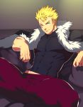  1boy abs blonde_hair couch fairy_tail laxus_dreyar looking_at_viewer male_focus muscle pecs scar sitting smile solo 