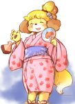  1girl blonde_hair closed_eyes dog doubutsu_no_mori female full_body furry gradient gradient_background japanese_clothes open_mouth setouchi_kurage shizue_(doubutsu_no_mori) short_hair solo white_background 