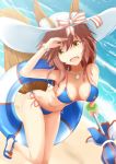  1girl adidas animal_ears bikini blush breasts brown_hair cleavage collarbone fate/extra fate/grand_order fate_(series) fox fox_ears fox_tail hat hat_ribbon jewelry joko_jmc large_breasts long_hair looking_at_viewer navel necklace ocean open_mouth outdoors parasol pendant pink_hair ribbon side-tie_bikini solo swimsuit tail tamamo_(fate)_(all) tamamo_no_mae_(fate) type-moon umbrella yellow_eyes 