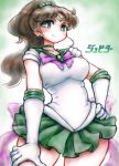  1girl artist_request bishoujo_senshi_sailor_moon blush breasts brown_hair character_name choker circlet earring gloves green_background green_eyes hair_bobbles hair_ornament hand_on_hip highres kino_makoto long_hair looking_at_viewer medium_breasts ponytail ribbon sailor_jupiter school_uniform serafuku skirt smile thick_thighs traditional_media two-tone_background watercolor white_background white_gloves 