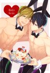  2boys black_hair blue_eyes brown_hair cake character_name detached_collar detached_sleeves food free! gesshi green_eyes looking_at_viewer male_focus multiple_boys muscle nanase_haruka_(free!) open_mouth rabbit_ears short_hair simple_background standing swim_trunks tachibana_makoto topless tray wink 
