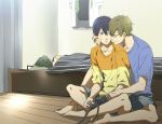  2boys barefoot bed black_hair blue_eyes brown_hair controller free! glasses green_eyes hand_on_another&#039;s_face male_focus mina_(o414) multiple_boys nanase_haruka_(free!) room school_uniform shirt short_hair sitting sleeping tachibana_makoto towel 