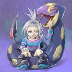  10s 1girl blue_eyes boots fangs female grin gym_leader hair_bobbles hair_ornament homika_(pokemon) nintendo pokemon pokemon_(game) pokemon_bw2 red_eyes seviper short_hair snake striped_shirt teeth topknot white_hair 