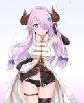  1girl absurdres bare_shoulders belt black_gloves black_legwear blue_eyes braid breasts cow_girl cow_horns elbow_gloves female fingerless_gloves gloves gradient_background granblue_fantasy hair_ornament hair_over_one_eye hairclip horns large_breasts long_hair looking_at_viewer narumeia_(granblue_fantasy) pointy_ears rumiya9i shorts simple_background smile solo standing thigh-highs thigh_gap 