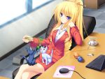  1girl animal ball bare_legs blazer blonde_hair blue_eyes blush business_suit cat chair computer_mouse drill_hair feathers female formal hair_ornament highres koshimizu_rei laptop legs legs_crossed long_hair looking_at_viewer mikagami_mamizu miniskirt mousepad necklace neko_koi! office_lady pencil_skirt plate ponytail sitting skirt skirt_suit smile suit sunlight table tea teacup teaspoon tied_hair whirlpool window 