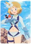  1girl blonde_hair blue_eyes blush breasts cosplay fletchling fuuro_(pokemon) gloves midriff navel pokemon ribbon serena_(pokemon) short_hair shorts 