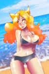  1girl arms_behind_back beach bikini blonde_hair breasts cleavage large_breasts league_of_legends long_hair looking_at_viewer navel smile solo 