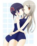  2girls :o ;q arm artist_request bare_arms bare_legs bare_shoulders black_hair blue_eyes blue_swimsuit blush breasts brown_eyes checkered_background grey_hair hug legs long_hair looking_at_viewer minami_shizuku multiple_girls noda_kotone one-piece_swimsuit one_eye_closed open_mouth sakura_trick school_swimsuit short_hair simple_background standing swimsuit tongue tongue_out white_background wink yellow_eyes yuri 