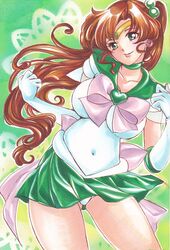  1girl bishoujo_senshi_sailor_moon breasts brown_hair choker circlet earrings gloves green_background green_eyes hair_bobbles hair_ornament highres impossible_clothes kino_makoto large_breasts long_hair navel panties pantyshot ponytail ribbon rita151 sailor_jupiter school_uniform serafuku skirt smile solo thick_thighs traditional_media underwear white_gloves 