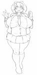  1girl blush breasts erect_nipples fat female huge_breasts large_breasts looking_at_viewer monochrome necktie open_mouth skirt socks solo standing tight_clothing uniform 