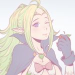  1girl apple artist_name cape eating female fire_emblem fire_emblem:_kakusei flat_chest flat_color food gloves green_hair koyorin long_hair looking_at_viewer nowi_(fire_emblem) one_eye_closed pale_color pointy_ears portrait purple_gloves simple_background solo violet_eyes web_address white_background 