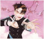  1boy blood blood_on_face brown_eyes brown_hair cherry_blossoms clenched_teeth flower knife male_focus mori_konosuke official_art outstretched_arm parted_lips pink_background solo suehiro_maruo teeth upper_body vampire warau_kyuuketsuki weapon wind 