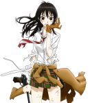  1girl absurdres bandage black_hair blood blood_on_face brown_eyes clothes_around_waist coppelion cowboy_shot floating_hair gloves green_skirt gun handgun highres huge_filesize incredibly_absurdres long_hair looking_at_viewer luger_p08 miniskirt naruse_ibara necktie pale_skin plaid plaid_skirt pleated_skirt scratches shirt skirt sleeves_rolled_up solo standing striped striped_necktie sweater_around_waist torn_clothes transparent_background vector_trace weapon white_shirt wind 