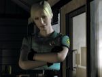  1girl 3d blonde_hair blue_eyes crossed_arms cybil_bennett gloves konami official_art police police_badge police_uniform policewoman short_hair silent_hill uniform 