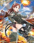  1girl animal_ears ass battle explosion fire gun long_hair machine_gun minna-dietlinde_wilcke official_art panties red_eyes redhead solo strike_witches striker_unit tail torn_clothes torn_panties underwear weapon wolf_ears wolf_tail world_witches_series 