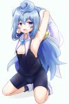  1boy armpit arms_behind_head blue_eyes blue_hair eyebrows eyebrows_visible_through_hair full_body hacka_doll hacka_doll_3 long_hair looking_at_viewer nemokakkoii open_mouth shota simple_background solo trap 