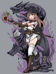  1girl boots breasts brown_hair cape gloves long_hair magic monster skirt staff thigh-highs usagi1942 witch witch_hat 