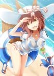  1girl adidas animal_ears bikini blush breasts brown_hair cleavage collarbone fate/extra fate/grand_order fate_(series) fox fox_ears fox_tail hat jewelry joko_jmc large_breasts long_hair looking_at_viewer necklace ocean open_mouth outdoors parasol pink_hair ribbon see-through solo swimsuit tail tamamo_(fate)_(all) tamamo_no_mae_(swimsuit_lancer)_(fate) type-moon umbrella yellow_eyes 