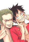  2boys artist_request black_hair green_hair male_focus monkey_d_luffy multiple_boys one_piece roronoa_zoro simple_background smile source_request white_background 