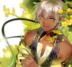  1boy bare_shoulders black_nails collarbone dark_skin detached_sleeves fangs flower horns japanese_clothes kei_(ken_ga_kimi) ken_ga_kimi looking_at_viewer male_focus nail_polish open_mouth sandy7367 smile solo traditional_clothes white_hair yellow_eyes 