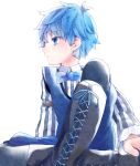  1boy blue_eyes blue_hair boots bowtie caster_(fate/extra_ccc) child collared_shirt fate/extra_ccc fate_(series) frills male_focus pantyhose profile shorts simple_background solo striped striped_shirt white_background yozakura 