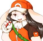  1girl black_eyes black_hair cap cosplay female furry hat long_hair open_mouth poke_ball pokemon rabbit red_(pokemon)_(cosplay) setouchi_kurage simple_background solo trainer upper_body white_background 