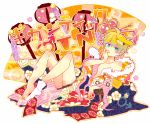  1boy 7:24 aqua_eyes blonde_hair body_blush crown fan floral_print full_body fur gigantic_o.t.n_(vocaloid) hanairi_kikkou heart heart-shaped_pupils japanese_clothes kagamine_len knees_up lantern looking_at_viewer male_focus multicolored_hair open_clothes simple_background solo symbol-shaped_pupils traditional_clothes vocaloid white_background 