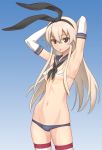  1girl armpits arms_behind_head arms_up bikini blonde_hair blush breasts commentary_request elbow_gloves gloves grey_eyes hair_ribbon hairband highres kantai_collection long_hair looking_at_viewer micro_bikini minazuki_juuzou navel neckerchief open_mouth ribbon sailor_collar shimakaze_(kantai_collection) small_breasts solo striped striped_legwear swimsuit thigh-highs white_gloves 